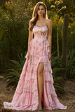 Corsé floral con volantes rosa sin tirantes, vestido largo de graduación con abertura