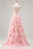 Corsé rosa sin tirantes en línea A, corsé con vestido floral y falda de gasa con volantes