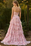 Corsé floral con volantes rosa sin tirantes, vestido largo de graduación con abertura