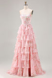 Corsé rosa sin tirantes en línea A, corsé con vestido floral y falda de gasa con volantes