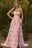 Corsé floral con volantes rosa sin tirantes, vestido largo de graduación con abertura