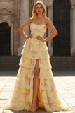 Corsé azul sin tirantes de línea A, vestido largo floral con volantes y abertura