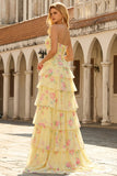 Corsé azul sin tirantes de línea A, vestido largo floral con volantes y abertura