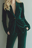 Trajes de negocios con solapa de chal de terciopelo verde oscuro de 2 piezas con bolsillos