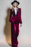 Trajes de fiesta de terciopelo burdeos de 2 piezas con solapa de pico de botonadura simple