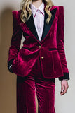 Trajes de fiesta de terciopelo burdeos de 2 piezas con solapa de pico de botonadura simple