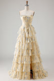 Vestido de graduación largo de fin, corsé de volantes y filetes sin tirantes, línea A