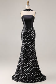 Vestido de baile de satén sirena con puntas negras y bufanda de cuello