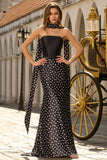 Vestido largo largo de satén sirena de dos piezas, negro y blanco, con bufanda en el cuello
