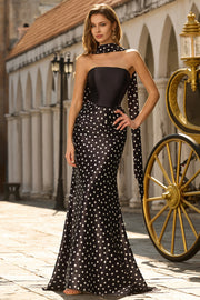 Vestido largo largo de satén sirena de dos piezas, negro y blanco, con bufanda en el cuello