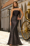 Vestido largo largo de satén sirena de dos piezas, negro y blanco, con bufanda en el cuello
