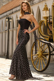 Vestido largo largo de satén sirena de dos piezas, negro y blanco, con bufanda en el cuello