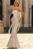 Vestido largo largo de satén sirena de dos piezas, negro y blanco, con bufanda en el cuello