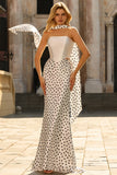 Vestido largo largo de satén sirena de dos piezas, negro y blanco, con bufanda en el cuello