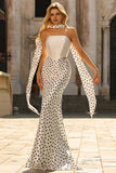 Vestido largo largo de satén sirena de dos piezas, negro y blanco, con bufanda en el cuello