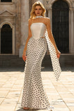 Vestido largo largo de satén sirena de dos piezas, negro y blanco, con bufanda en el cuello