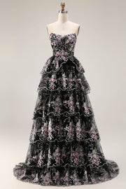Vestido largo de graduación de fin, con tirantes y lentejuelas en forma de flor rosa negra, con encaje en la espalda
