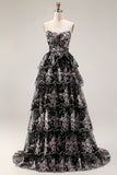 Vestido largo de graduación de graduación de flores negras rosas sin tirantes en línea A con lentejuelas en la espalda