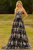 Vestido largo de graduación de fin, con tirantes y lentejuelas en forma de flor rosa negra, con encaje en la espalda