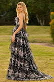 Vestido largo de graduación de graduación de flores negras rosas sin tirantes en línea A con lentejuelas en la espalda