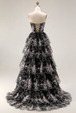 Vestido largo de graduación de fin, con tirantes y lentejuelas en forma de flor rosa negra, con encaje en la espalda