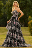 Vestido largo de graduación de fin, de flores rosas blancas en línea A, sin tirantes, con encaje en la espalda