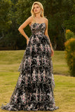 Vestido largo de graduación de graduación de flores negras rosas sin tirantes en línea A con lentejuelas en la espalda