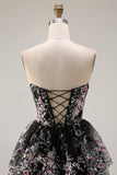 Vestido largo de graduación de fin, con tirantes y lentejuelas en forma de flor rosa negra, con encaje en la espalda