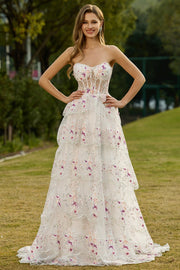Vestido largo de graduación de fin, de flores rosas blancas en línea A, sin tirantes, con encaje en la espalda
