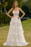 Vestido largo de graduación de graduación de flores negras rosas sin tirantes en línea A con lentejuelas en la espalda