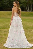 Vestido largo de graduación de graduación de flores negras rosas sin tirantes en línea A con lentejuelas en la espalda