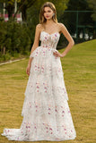 Vestido largo de graduación de graduación de flores negras rosas sin tirantes en línea A con lentejuelas en la espalda