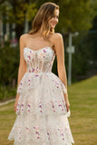 Vestido largo de graduación de fin, de flores rosas blancas en línea A, sin tirantes, con encaje en la espalda