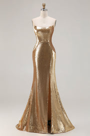 Vestido largo de baile de graduación dorado brillante sin tirantes de sirena con lentejuelas
