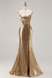 Vestido largo de baile de graduación dorado brillante sin tirantes de sirena con lentejuelas