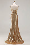 Vestido largo de baile de graduación dorado brillante sin tirantes de sirena con lentejuelas