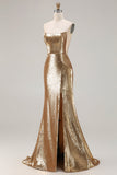 Vestido largo de baile de graduación dorado brillante sin tirantes de sirena con lentejuelas
