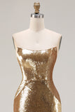 Vestido largo de baile de graduación dorado brillante sin tirantes de sirena con lentejuelas