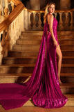 Vestido largo de graduación sin espalda sin costas con abertura de sirena brillante fucsia sirena