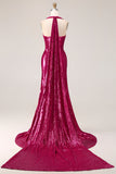 Vestido largo de graduación sin espalda sin costas con abertura de sirena brillante fucsia sirena