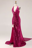 Vestido largo de graduación sin espalda sin costas con abertura de sirena brillante fucsia sirena