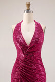 Vestido largo de graduación sin espalda sin costas con abertura de sirena brillante fucsia sirena