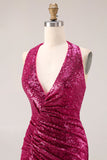 Vestido largo de graduación sin espalda sin costas con abertura de sirena brillante fucsia sirena