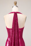 Vestido largo de graduación sin espalda sin costas con abertura de sirena brillante fucsia sirena