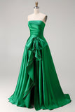 Vestido largo de graduación verde oscuro sin tirantes de dos piezas, lazo, con lazos y abertura
