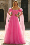 Vestido largo largo de tul plisado en rosa A con línea descubierta y cinta de baile