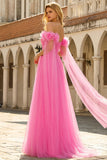 Vestido largo largo de tul plisado en rosa A con línea descubierta y cinta de baile