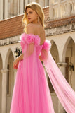 Vestido largo largo de tul plisado en rosa A con línea descubierta y cinta de baile