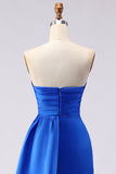 Vestido largo de satén de satén con sirena azul real y tirantes