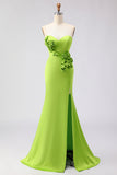 Vestido largo de flores 3D sin tirantes de sirena verde con abertura